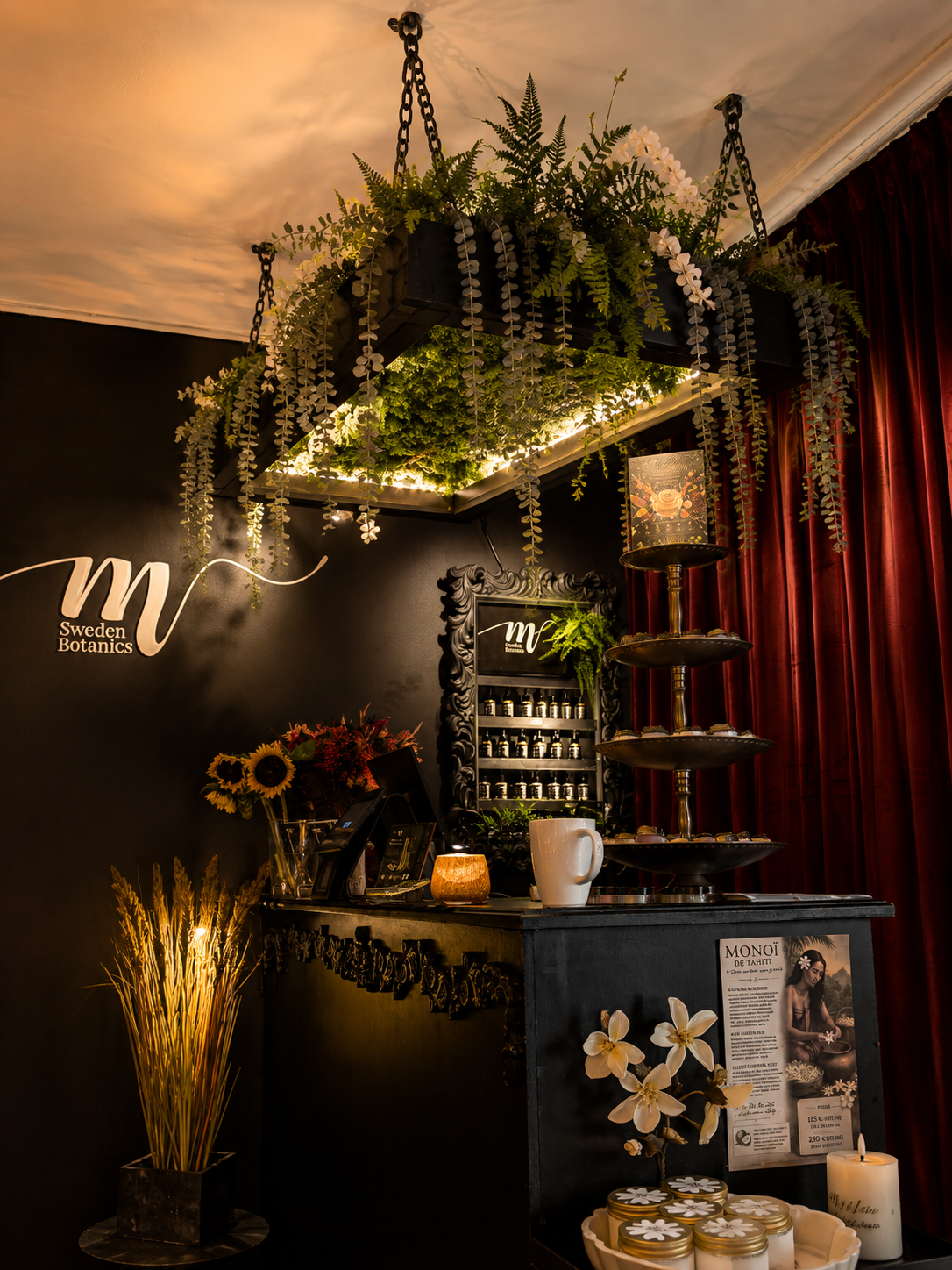 Hängande display i svartmålad björkplywood med kedjeupphängning och växtlighet, specialtillverkad för M Sweden Botanics.
