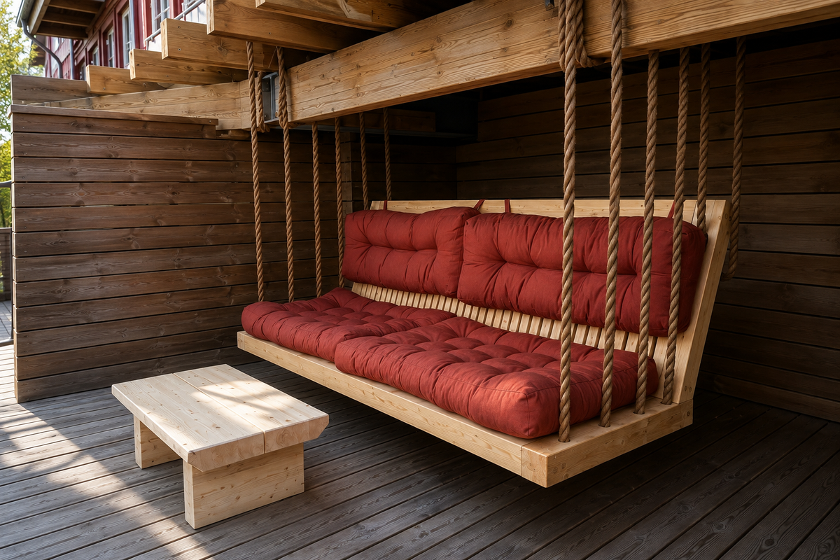 Måttanpassad hammock i massivt trä upphängd i hamparep – Nordic Grain Studio