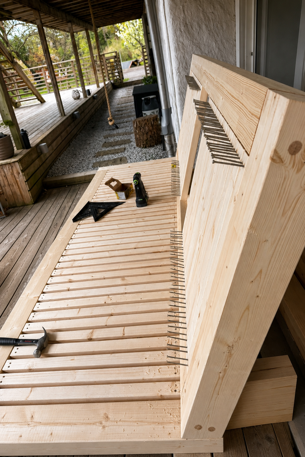 Tillverkning av hammock i furu med ribbad sits och rygg – Nordic Grain Studio